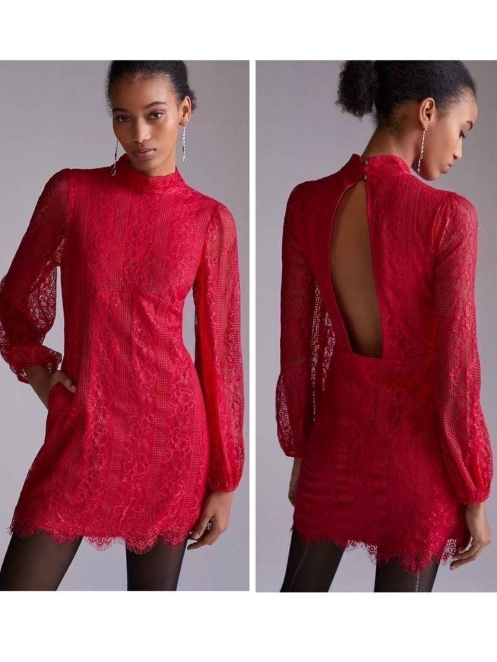 Anthropologie Maeve Women’s Red Lace High Neck Long Sleeve Open Back Mini Dress